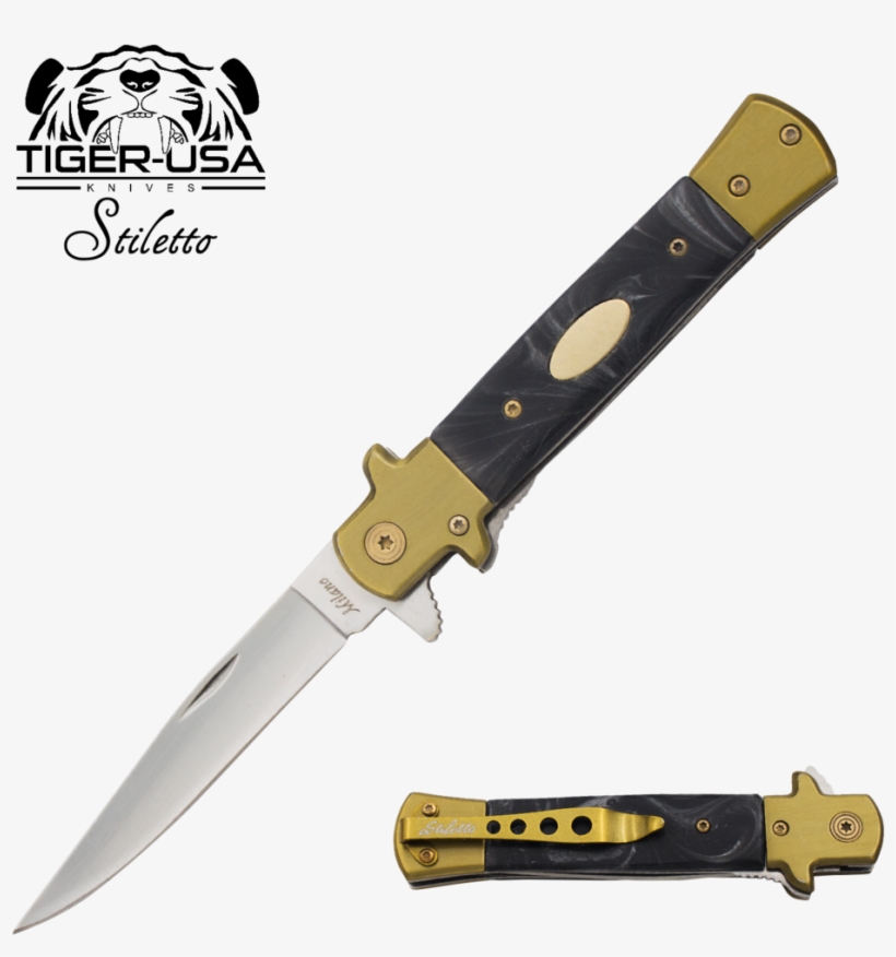 9" Tiger Marble Italian Milano Stiletto Tactical Assisted - Knife, transparent png #2888693