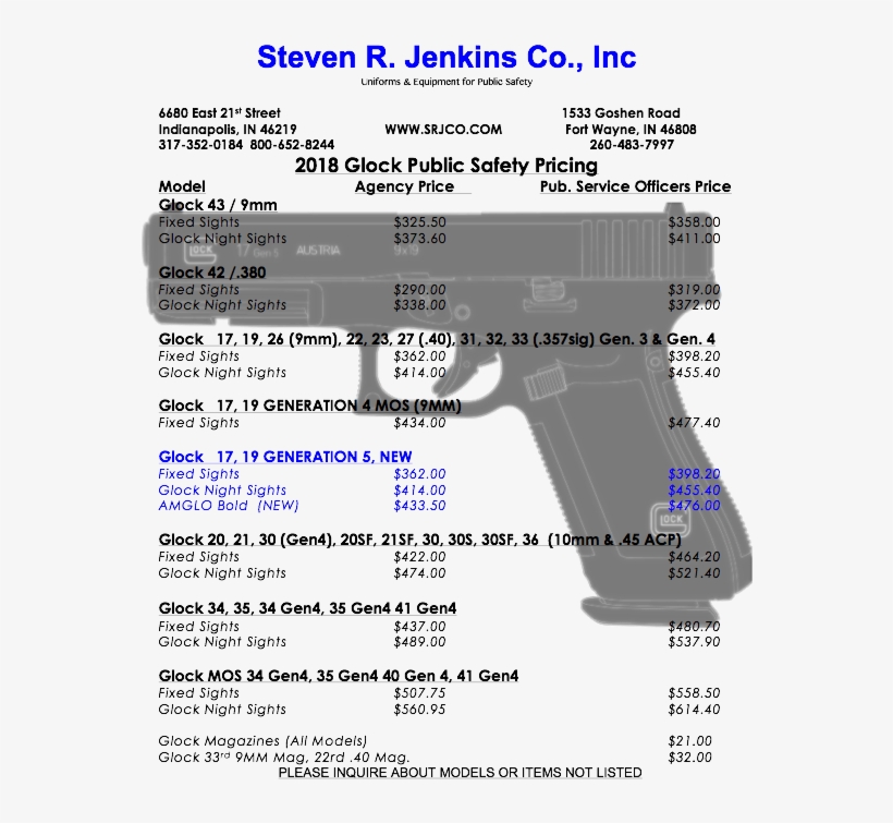 Srjcoglockprices2018 - 2018 Glock Blue Label Prices, transparent png #298509