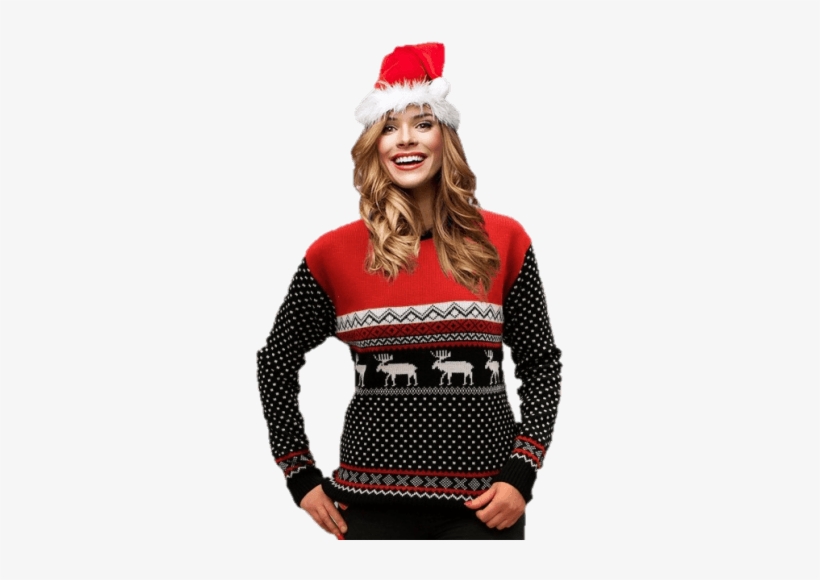 Jersey Navideño Mujer Renos Rojo Y Negro Gorro Papa - Bluzy Świąteczne Dla Par, transparent png #2900495