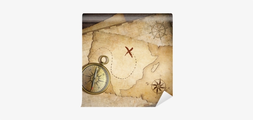 Aged Brass Nautical Compass On Table With Old Treasure - Mapas Compas, transparent png #2905758
