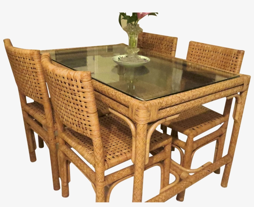 Vintage Mid Century Woven Cane Table And Four Chairs - Cane Furniture Png, transparent png #2917804