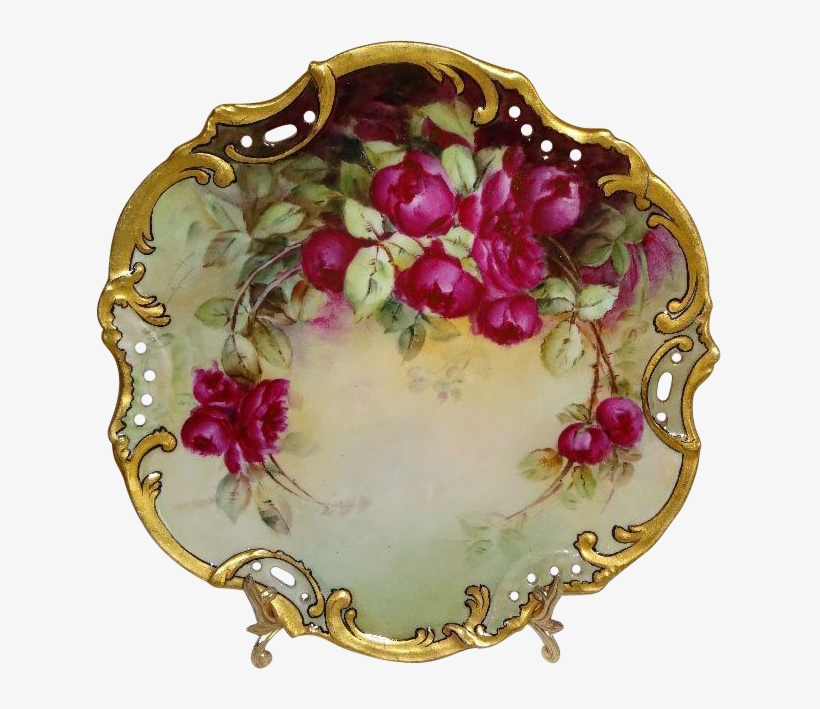 Antique Austria Hand Painted Plate With Ruby Red Roses - Ceramic, transparent png #2925107