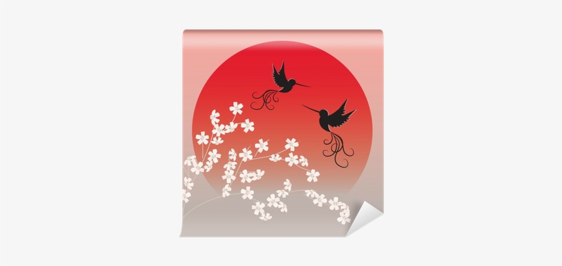 Two Flying Birds And Sakura In Front Of Red Sun Wall - Stock Illustration, transparent png #2935963