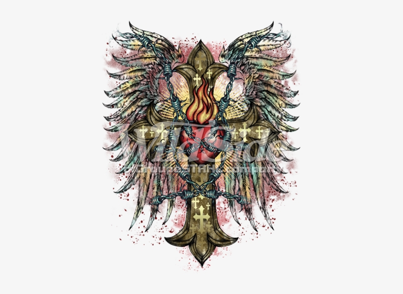 Flaming Heart Cross With Wings - Drawing, transparent png #2946702