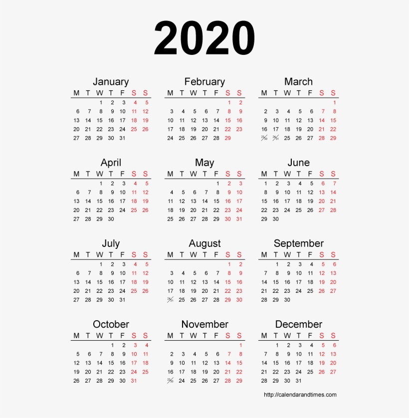 Calendar 2020 Printable One Page - 2020 Yearly Calendar Printable, transparent png #2978727