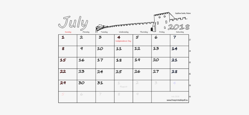 July 2018 Blank Calendar Printable - Kalendarz Lipiec 2018, transparent png #2978800