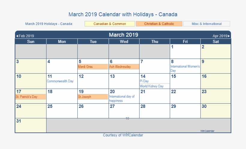 Get Blank March 2019 Printable Calendar - June 2018 Calendar With Holidays Canada, transparent png #2978823