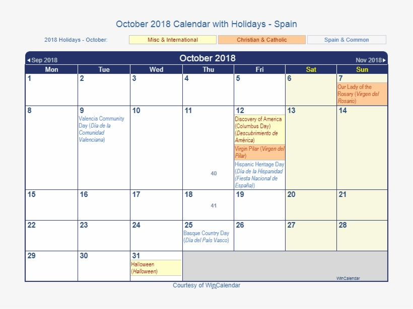 Printable Calendar For October 2018 With Holidays - Calendar, transparent png #2978991