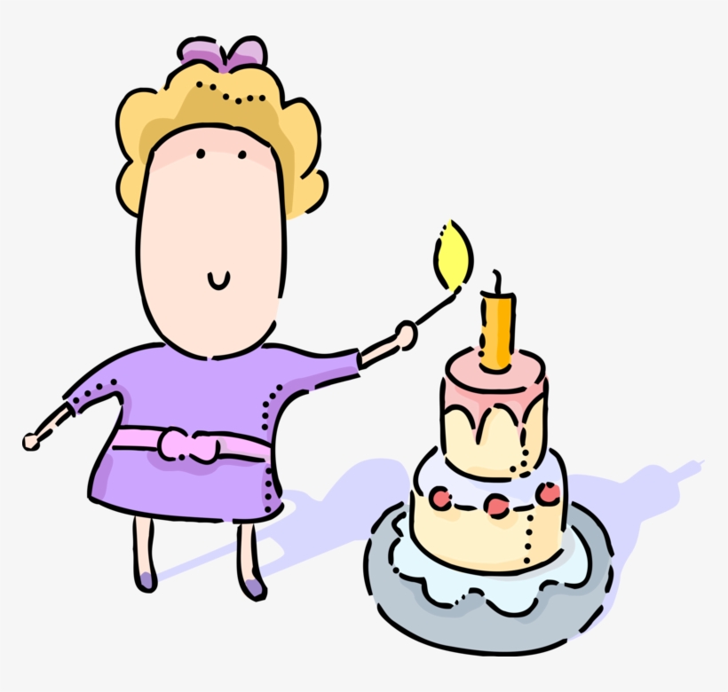 Vector Illustration Of Young Girl Lights Candle On - Birthday Cake, transparent png #2986694