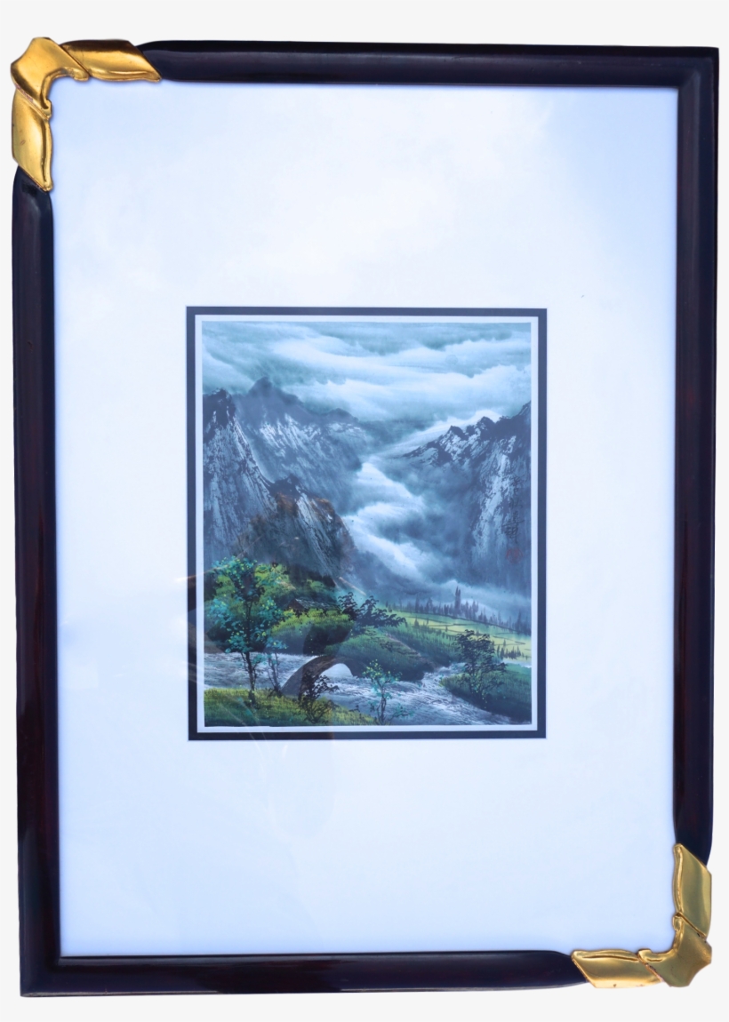 Asian Mountain Landscape Signed Watercolor - Picture Frame, transparent png #33977