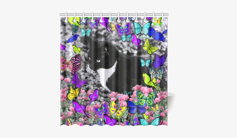 Freckles In Butterflies Ii Black White Tuxedo Cat Shower - Freckles In Butterflies Ii 60" Curtains, transparent png #301195
