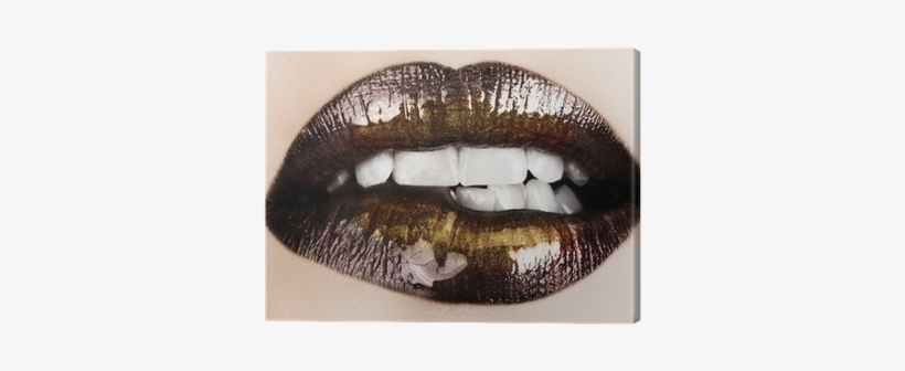 Woman Biting Her Lips With Black Glossy Lipstick Canvas - Black Woman Biting Her Lip, transparent png #3003994