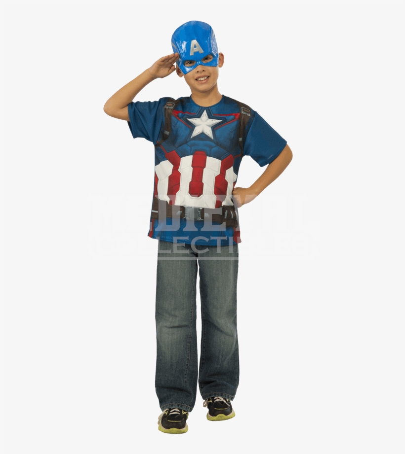 Kids Avengers 2 Captain America Costume Top And Mask - Avengers 2 Captain America T-shirt Costume, transparent png #3008252