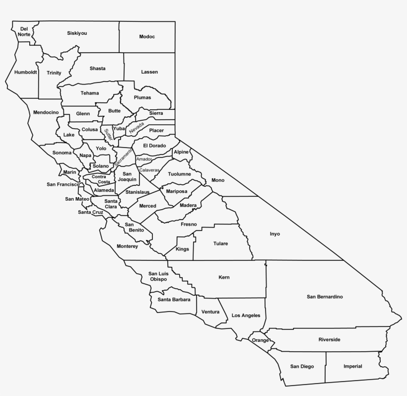 California County Map Outline With Cities Bamboodownunder - California County Map Black And White, transparent png #3012322