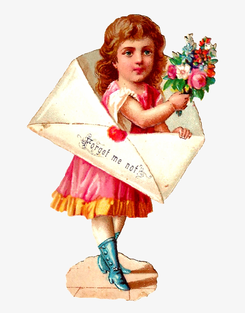 Vintage Girl Clipart - Girl Into Letter Bouquet Of Flowers Valentines Day, transparent png #3013034