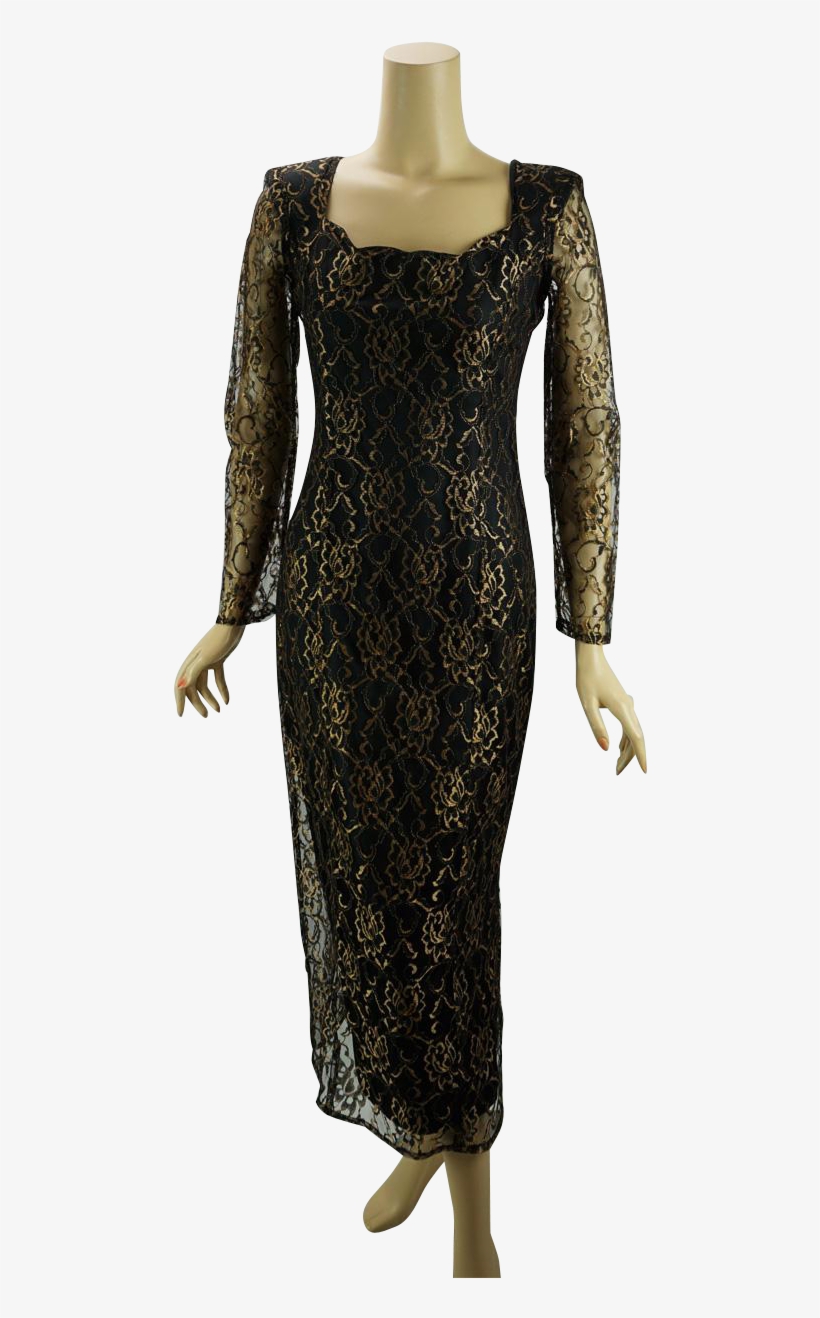Vintage 1990s Formal Dress Black And Gold Lace Form - Church Avenue Line, transparent png #3017023