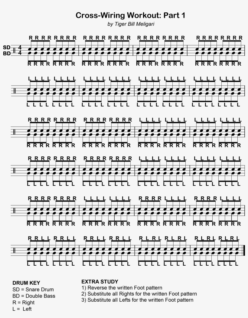 Tiger Bill Cross Wiring Workout Drum Lesson Notation - Guitar, transparent png #3017309