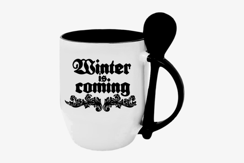 Winter Is Coming Black Mug With Spoon - Mug With Spoon, transparent png #3028159
