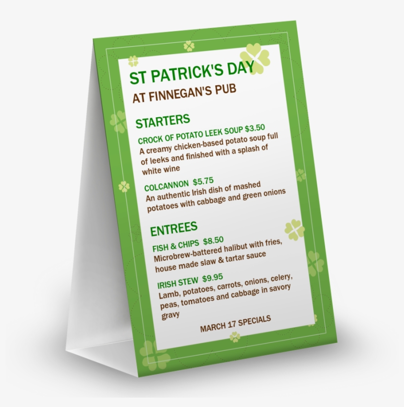 St Patricks Day Specials Table Tent - St Patricks Day Menu Starter, transparent png #3055697