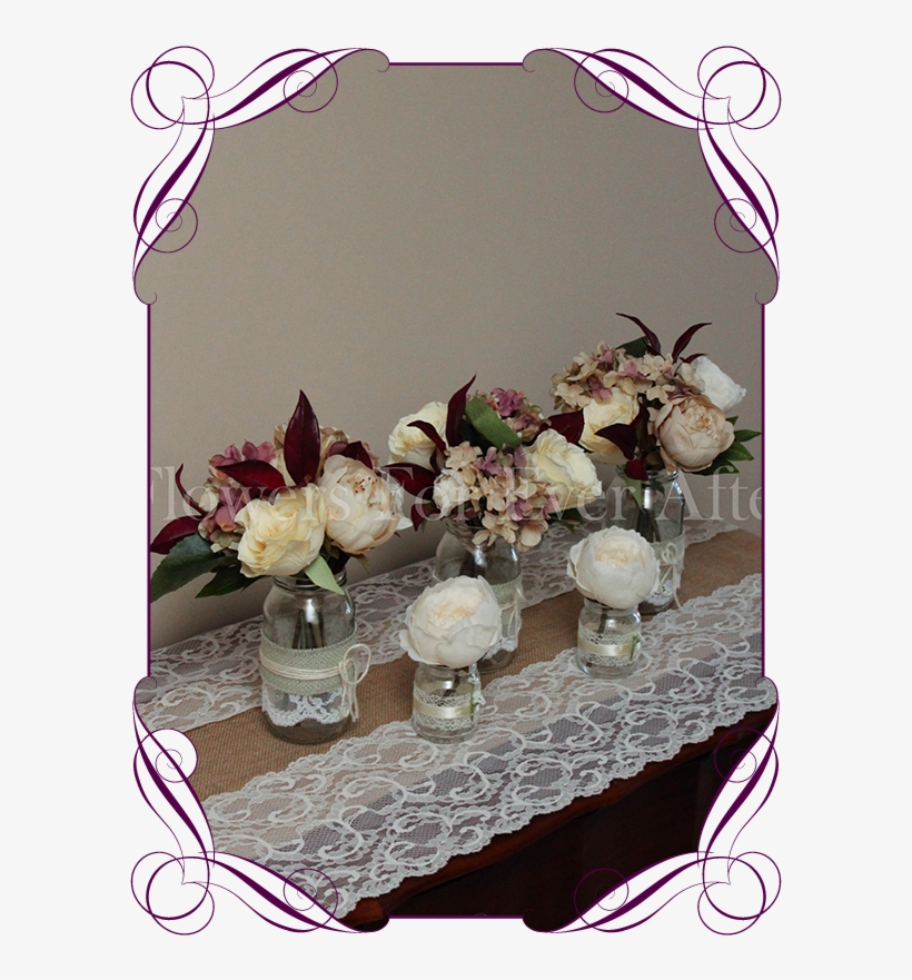 Vintage Pastel And Burgundy Rose And Hydrangea Silk - Table, transparent png #3056398