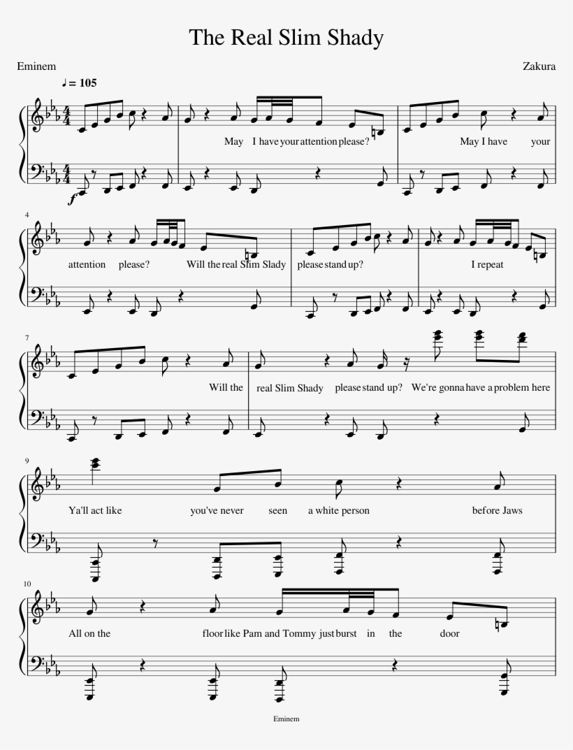 The Real Slim Shady Sheet Music Composed By Zakura - Sheet Music, transparent png #3071172
