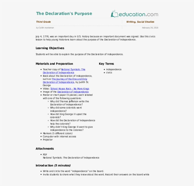 The Declaration's Purpose - Lesson Plan Template For Field Trips, transparent png #3093122
