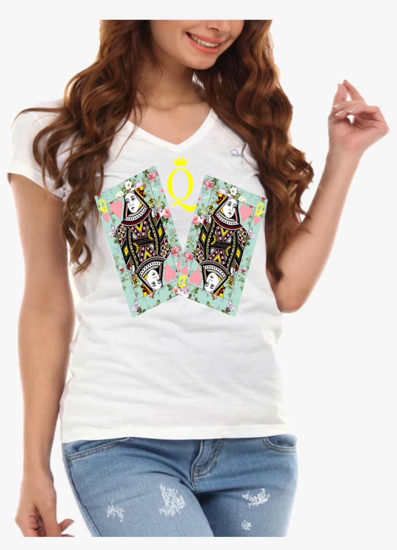 Queen Of Hearts Floral Cards Ladies V Neck T Shirt - Lord Of The Rings T Shirt Womens, transparent png #3103491
