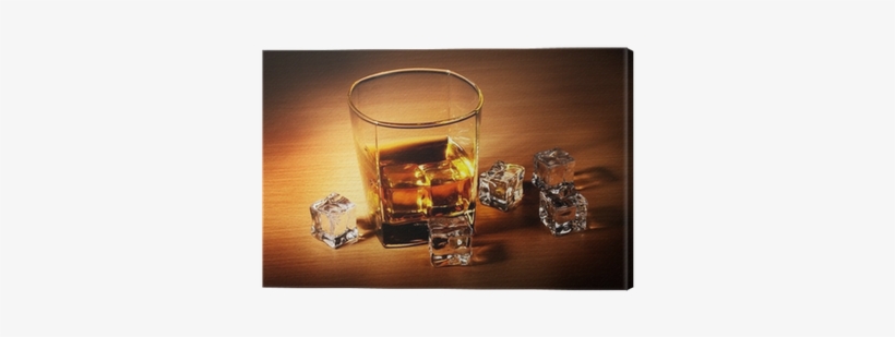 Glass Of Scotch Whiskey And Ice On Wooden Table Canvas - Whisky, transparent png #3108488