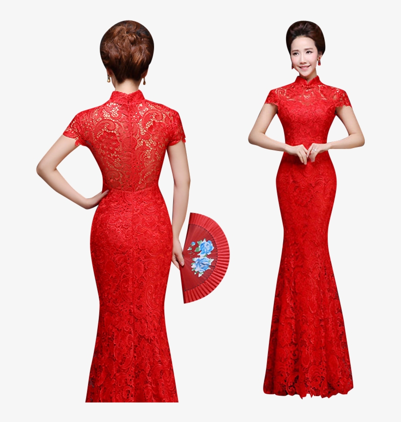 Bsjy-16278 Red Lace Mandarin Collar Mermaid Qipao Traditional - Dress, transparent png #3113210