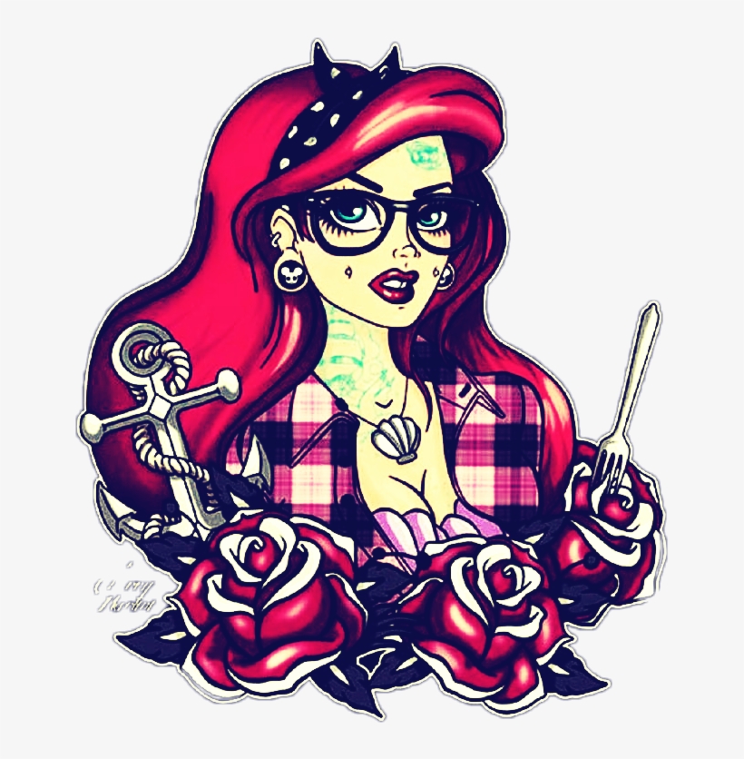 Ariel Hipster Tattooed Glasses Nerd - Disney Princess With Tattoos Stickers, transparent png #3117194