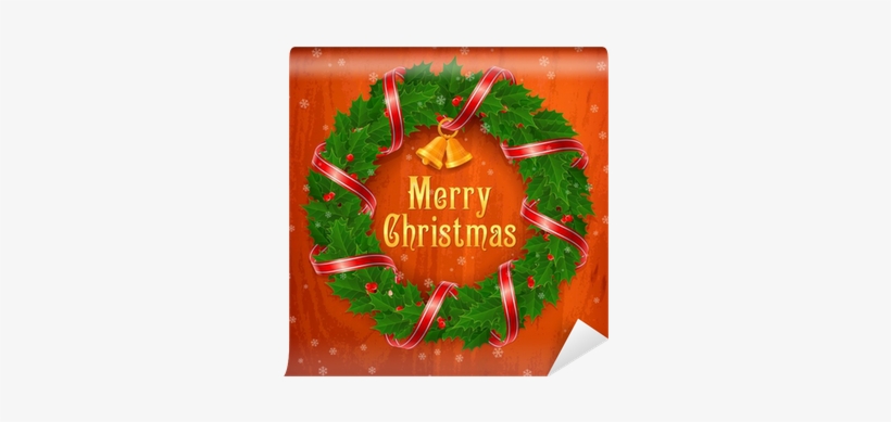 Christmas Holly Berry Wreath With Red Ribbon And Bell, - Illustration, transparent png #3129666