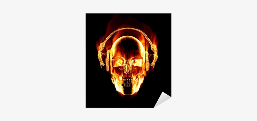 Great Image Of Flaming Skull Wearing Headphones Sticker - Skull With Headphones, transparent png #3134223