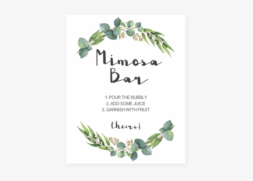 Mimosa Bar Sign Printable With Watercolor Green Leaves - Greenery Baby Shower Invitation, transparent png #3164269
