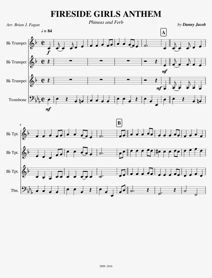 Fireside Girls Anthem Sheet Music Composed By By Danny - Star Spangled Banner Brass Trio, transparent png #3165696