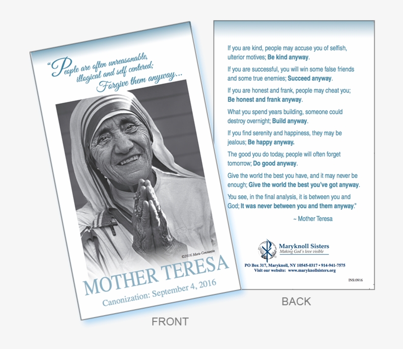 Celebrate Mother Teresa's Sainthood With The Maryknoll - Maryknoll Sisters Of St. Dominic, transparent png #3170084