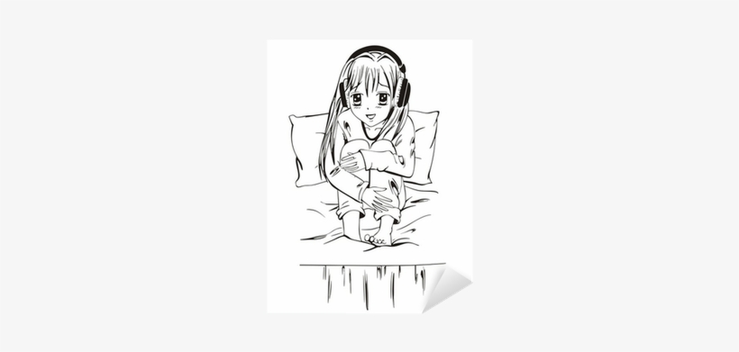 Anime Girl With Headphones Sitting On Bed Sticker • - Sitting In A Bed Anime, transparent png #3180243