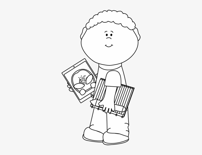 Black And White Kid With School Supplies And Tablet Technology Clip Art Black And White Free Transparent Png Download Pngkey