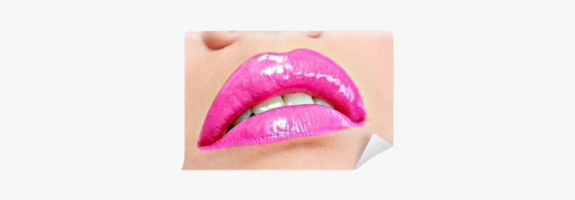 Closeup Beautiful Female Lips With Pink Lipstick Wall - Lip Gloss, transparent png #3194779