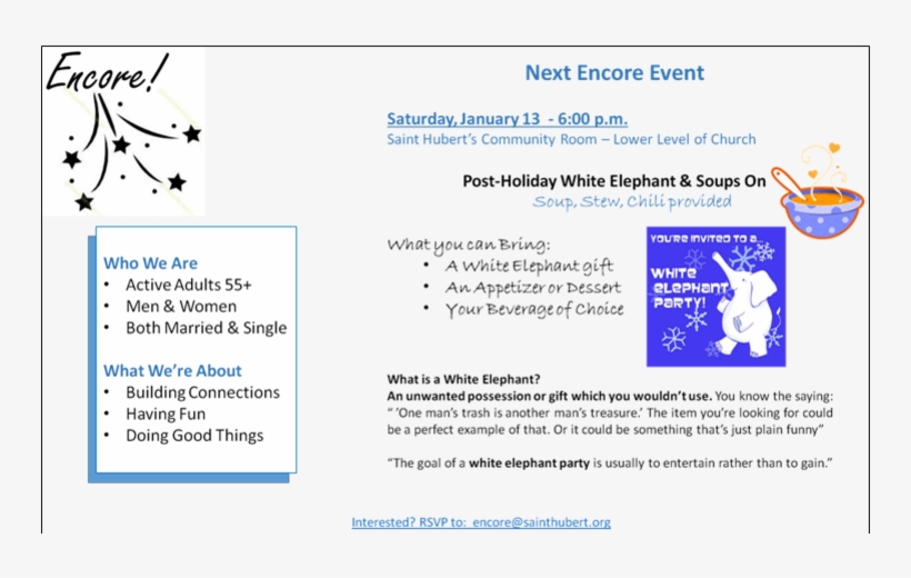 Encore 55 Soups On And White Elephant Gift Exchange - Soup, transparent png #3200170