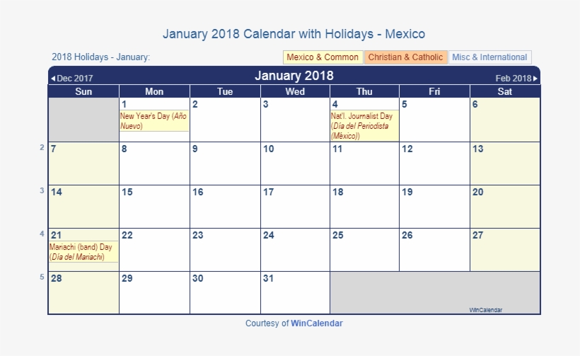January 2018 Calendar With Mexican Holidays To Print - Jan 2019 Calendar Uk, transparent png #3200911