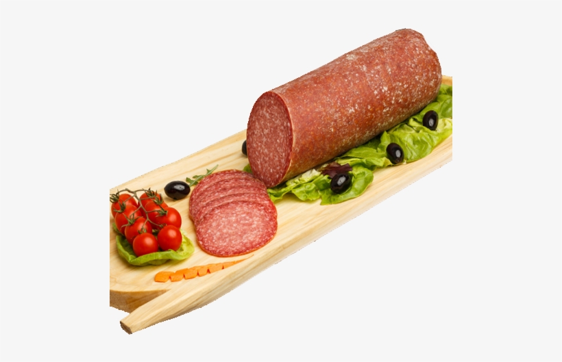 Beef Salami On A Cutting Board With Olives And Tomatos - Salami, transparent png #3202116