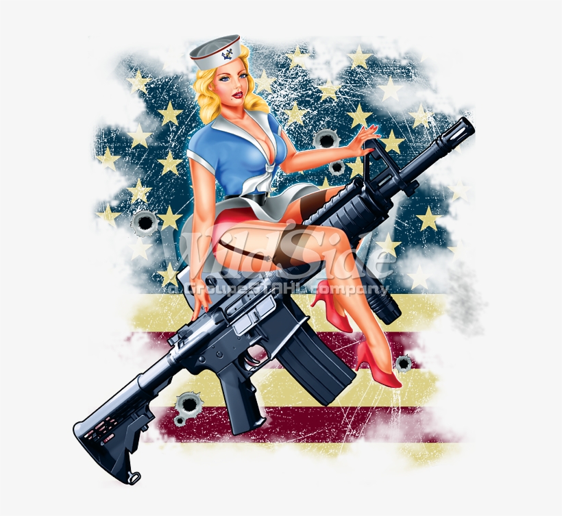 Pin-up Girl On Rifle With Flag - Pin Up Girl Gun, transparent png #3203409
