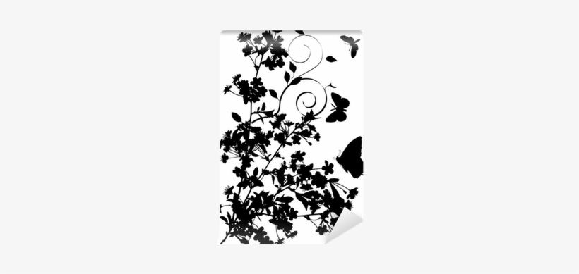 Butterflies And Cherry Tree Flowers Silhouette Wall - Flowers Silhouette, transparent png #3209526