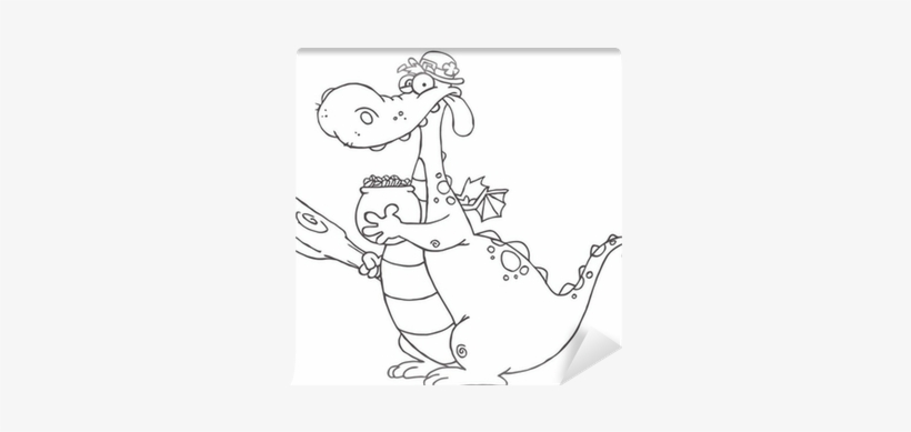 Outlined Dragon Leprechaun Holding A Mace And Pot Of - Funny Dragon Clipart Black And White, transparent png #3224616