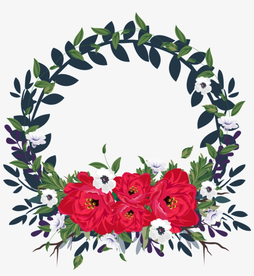 Warmly Bright Big Red Rose Hand Drawn Garland Decoration - Circle Of Leaves Clipart, transparent png #3226731