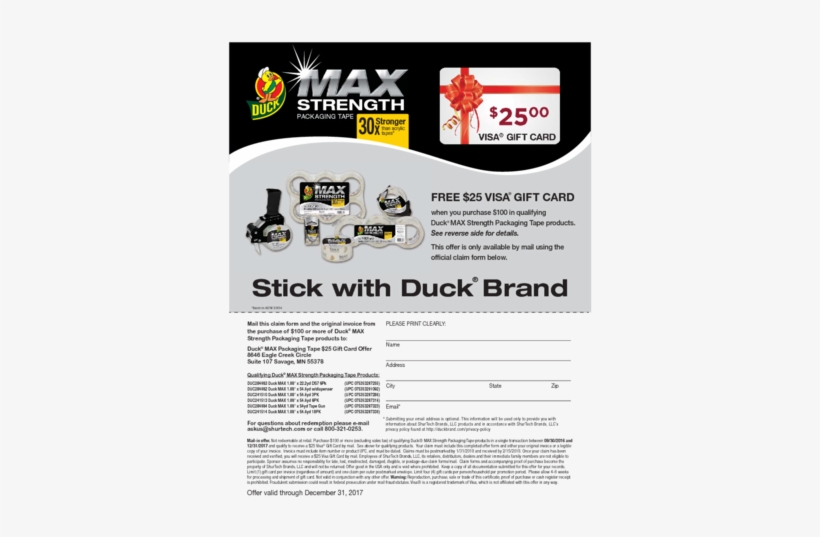 Free $25 Visa Gift Card - Duck Max Strength Packaging Tape - Clear, 6 Pk, 1.88, transparent png #3244249