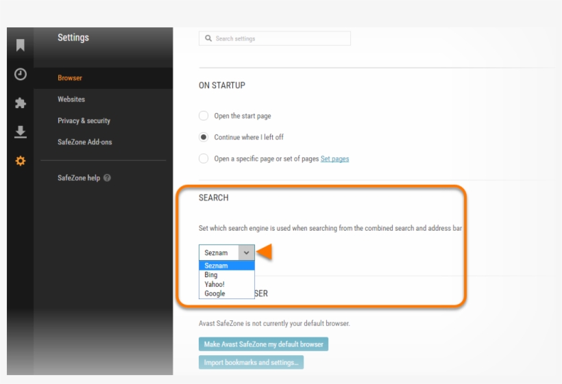 Click The Down-facing Arrow In The Search Section To - Avast Secure Browser Settings, transparent png #3256519