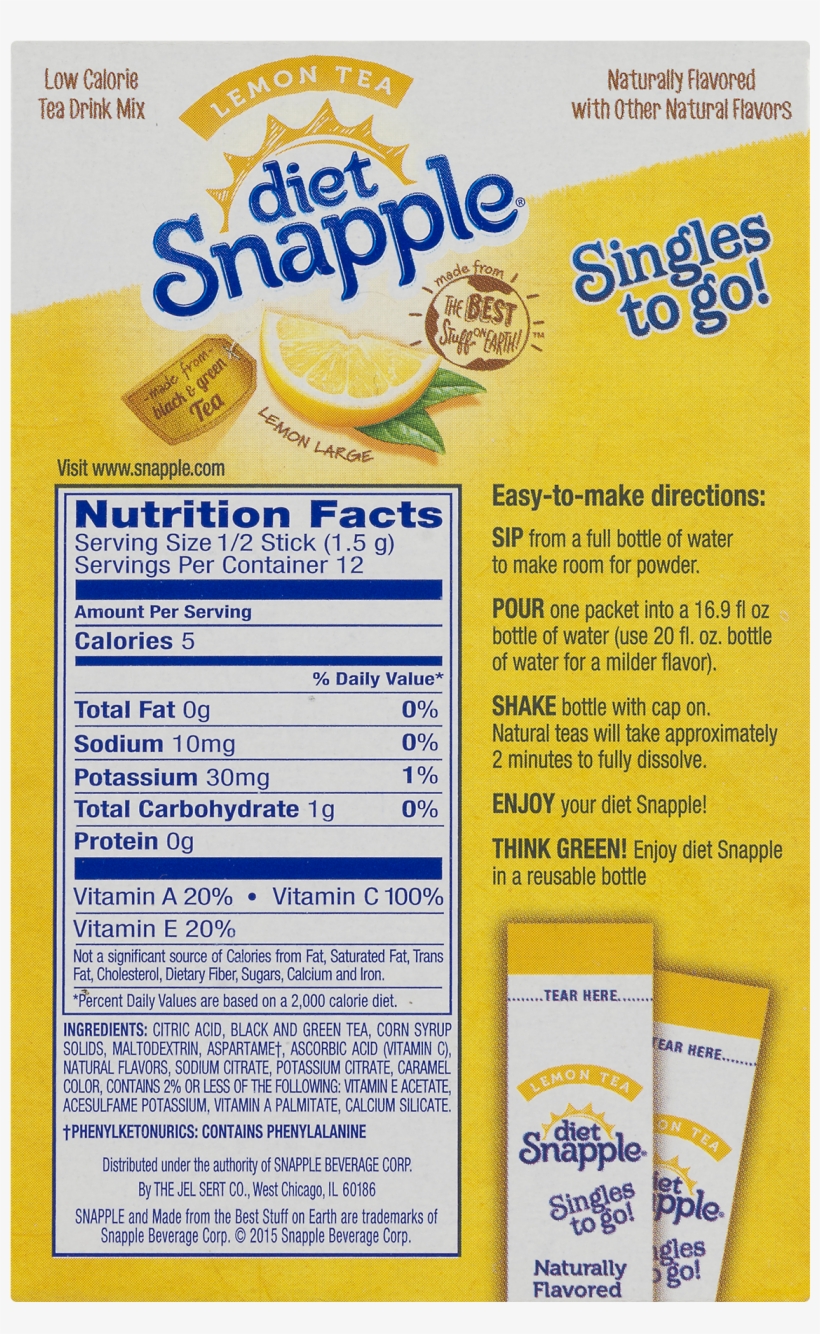 Diet Snapple Drink Mix, Lemon Tea, 6 On The Go Sticks, - Diet Snapple Lemon Tea Singles To Go! (6pk), transparent png #3269359