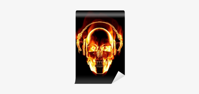 Great Image Of Flaming Skull Wearing Headphones Wall - Skull With Headphones, transparent png #3278342