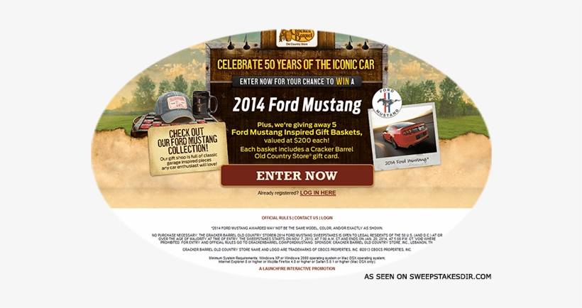The Cracker Barrel Old Country Store Ford Mustang Sweepstakes - Ford Mustang, transparent png #3361647